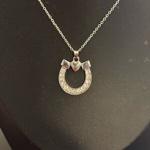 Crystal Pavé Horseshoe Necklace with Heart Accent - Silver